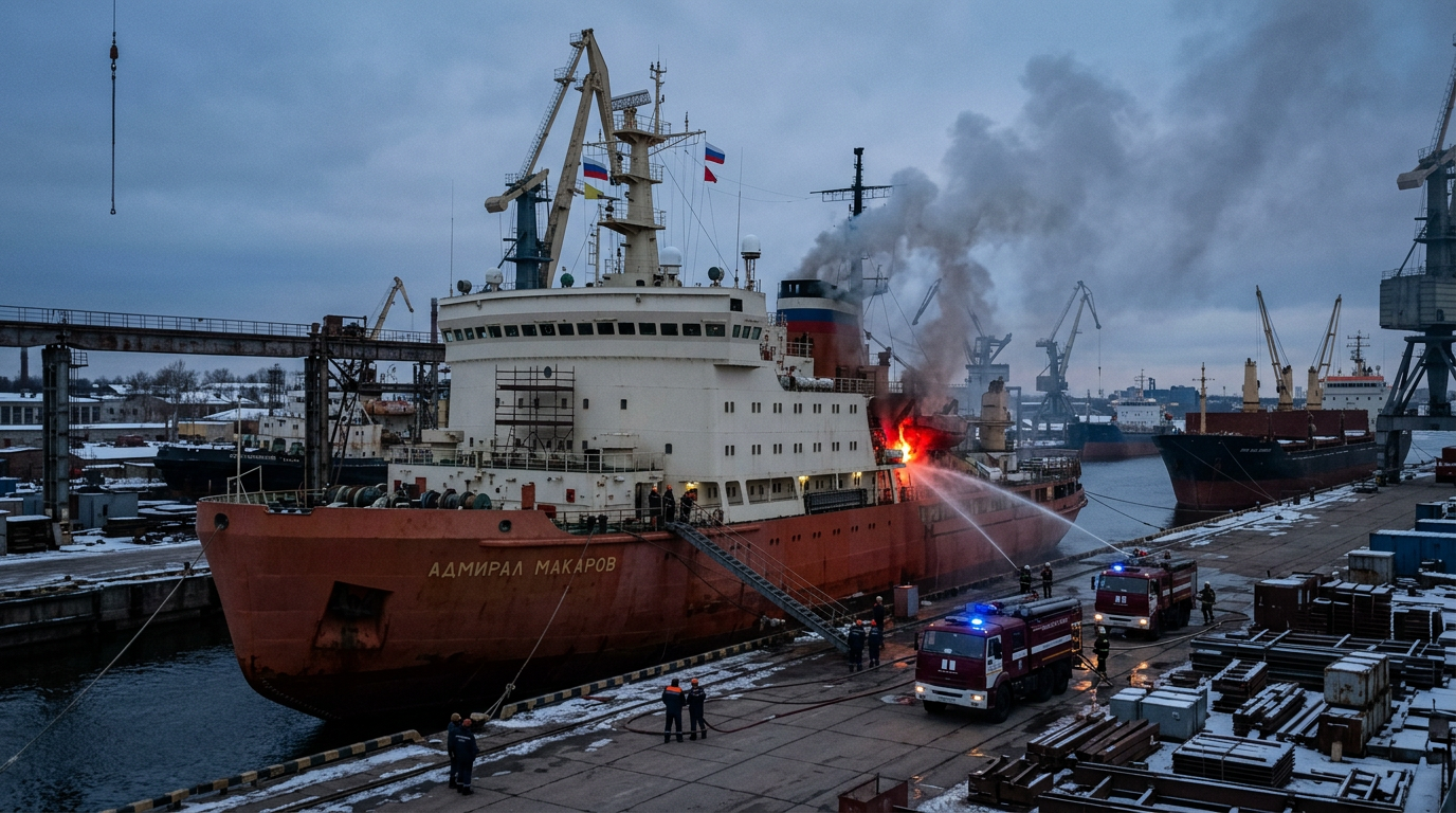 Russian Icebreaker Admiral Makarov Catches Fire at Kronstadt Shipyard