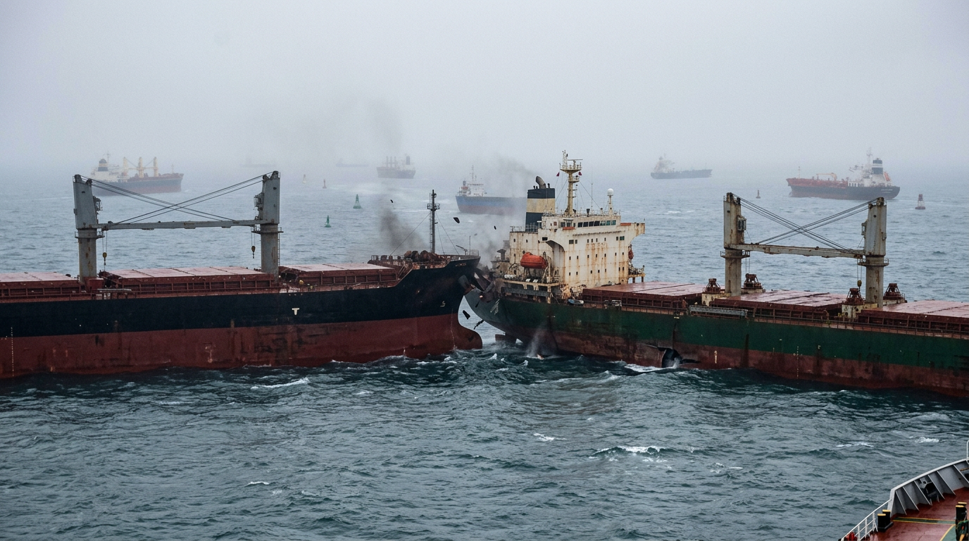 Two Bulk Carriers Collide in Dense Fog During Sudden Maneuver in Busy TSS